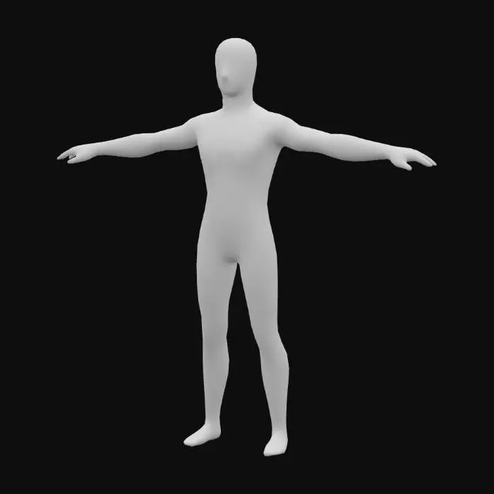3D model for a plastic clothing mannequin with minimal features, grey, standing in an A-pose, shiny plastic