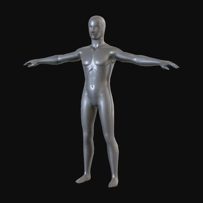 3D model for a plastic clothing mannequin with minimal features, grey, standing in an A-pose, shiny plastic