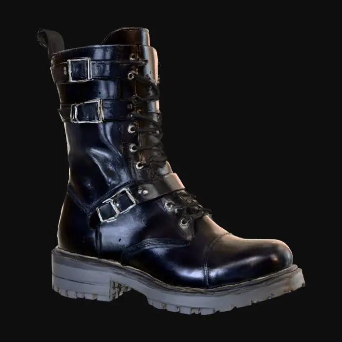 3D model for mens goth boot, black leather with buckles and studs, blank background