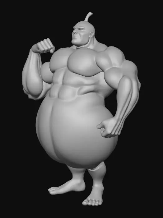 3D model for Un'arancia antropomorfa altamente muscolosa che flette i suoi bicipiti e quadricipiti ben definiti. Il suo corpo sferico mantiene la texture vibrante e butterata di una buccia d'arancia fresca, mentre gli arti potenti e lisci sono integrati senza soluzione di continuità. Il colore è un arancione ricco e lucido, che trasmette fermezza e forza.