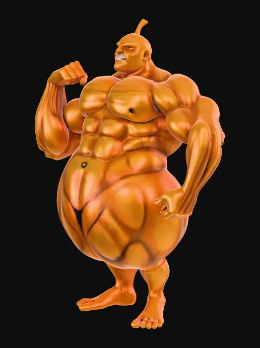 3D model for Un'arancia antropomorfa altamente muscolosa che flette i suoi bicipiti e quadricipiti ben definiti. Il suo corpo sferico mantiene la texture vibrante e butterata di una buccia d'arancia fresca, mentre gli arti potenti e lisci sono integrati senza soluzione di continuità. Il colore è un arancione ricco e lucido, che trasmette fermezza e forza.