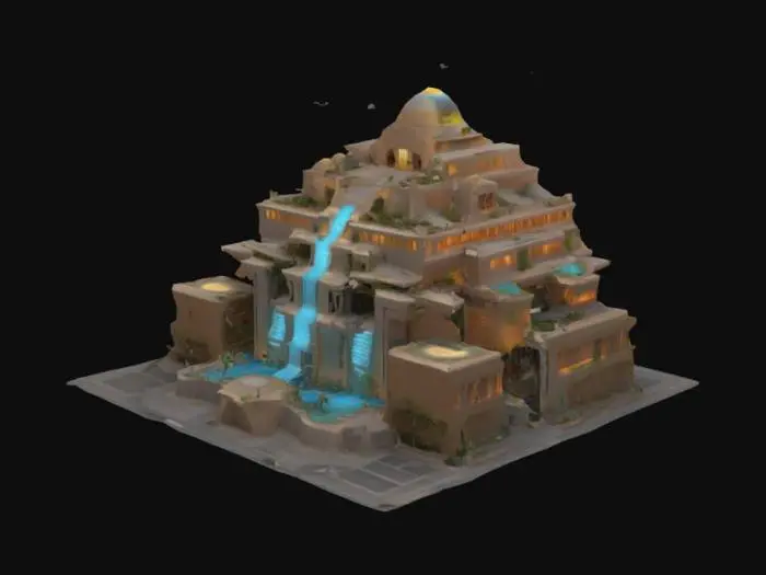 3D model for #arch#, Design an awe-inspiring 3D architectural structure that fuses ancient Mesopotamian ziggurat geometry with futuristic bioluminescent smart materials. The building should function as a vertical eco-city, featuring tiered gardens, cascading water systems powered by gravity, and hovering drone platforms integrated into the structure’s façade. It must feel timeless—like something that could exist 5,000 years in the past or 500 years in the future—illuminated at night by soft, intelligent lighting that adjusts to celestial movements
