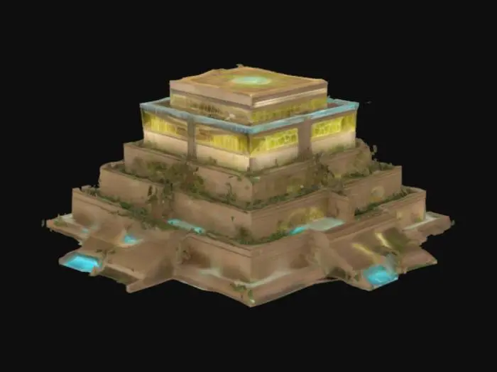 3D model for Design an awe-inspiring 3D architectural structure that fuses ancient Mesopotamian ziggurat geometry with futuristic bioluminescent smart materials. The building should function as a vertical eco-city, featuring tiered gardens, cascading water systems powered by gravity, and hovering drone platforms integrated into the structure’s façade. It must feel timeless—like something that could exist 5,000 years in the past or 500 years in the future—illuminated at night by soft, intelligent lighting that adjusts to celestial movements
