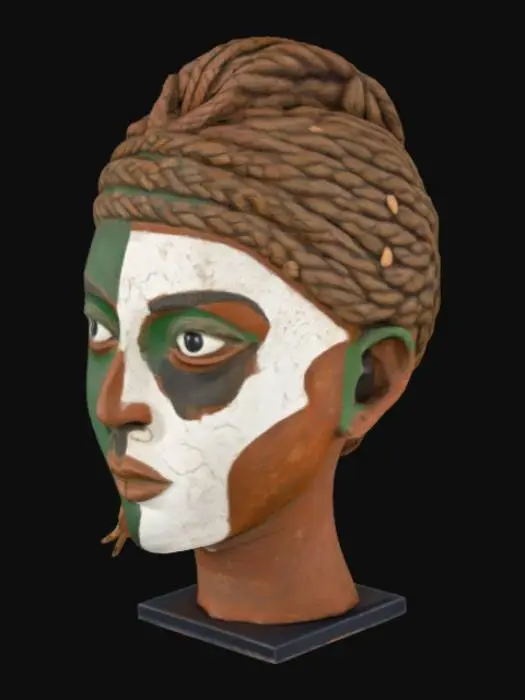 3D model for [Nigeria], #AroundTheWorld# A realistic terracotta sculpture of a Nok culture head from ancient Nigeria, featuring intricate braided hair, large almond-shaped eyes, a prominent nose, and detailed facial features. The sculpture is aged with weathered clay texture, capturing the expressive style of 1000 BCE West African art with painted colors green white green symbolizing the Nigerian flag