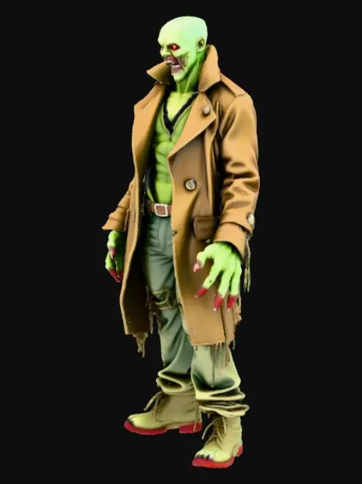 3D model for #Halloween2025#, Generate a scary zombie with green rotten flesh, red eyes, and a ragged brown coat against a plain background. Suggestion: For better 3D results, ensure all parts of the model are clearly defined and well-lit to aid in texture mapping and mesh generation.