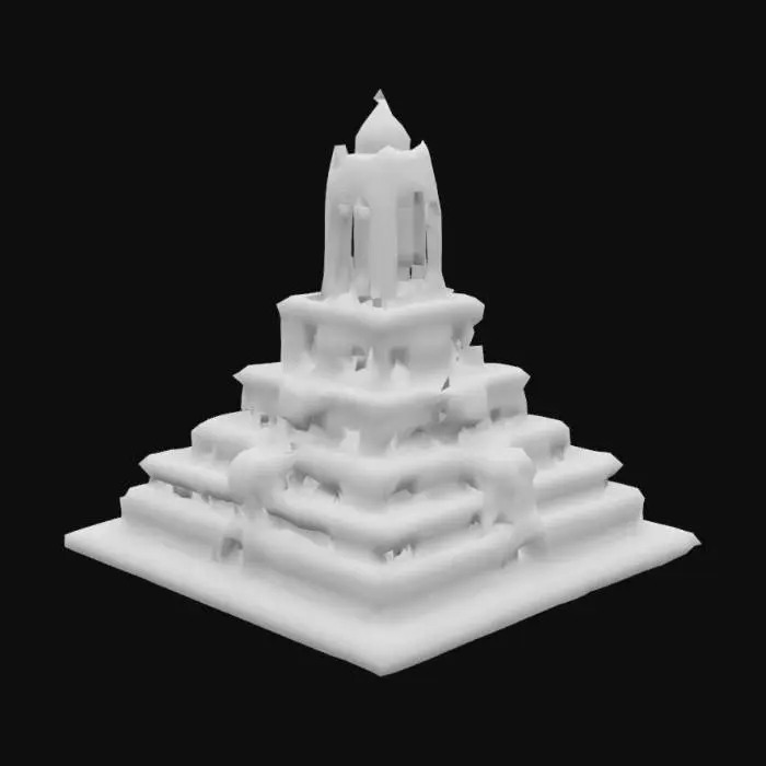 3D model for #arch#, Design an awe-inspiring 3D architectural structure that fuses ancient Mesopotamian ziggurat geometry with futuristic bioluminescent smart materials. The building should function as a vertical eco-city, featuring tiered gardens, cascading water systems powered by gravity, and hovering drone platforms integrated into the structure’s façade. It must feel timeless—like something that could exist 5,000 years in the past or 500 years in the future—illuminated at night by soft, intelligent lighting that adjusts to celestial movements
