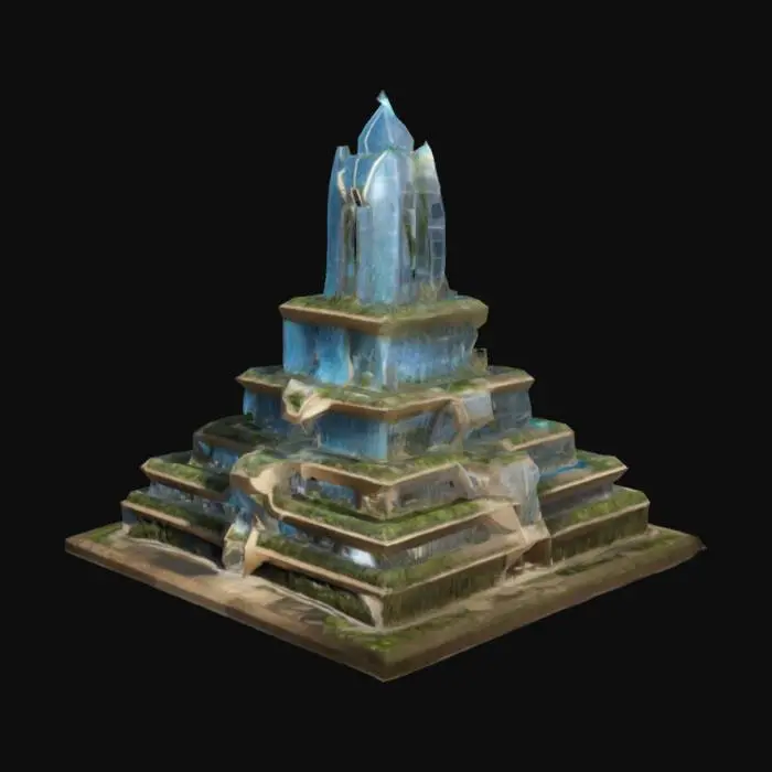 3D model for #arch#, Design an awe-inspiring 3D architectural structure that fuses ancient Mesopotamian ziggurat geometry with futuristic bioluminescent smart materials. The building should function as a vertical eco-city, featuring tiered gardens, cascading water systems powered by gravity, and hovering drone platforms integrated into the structure’s façade. It must feel timeless—like something that could exist 5,000 years in the past or 500 years in the future—illuminated at night by soft, intelligent lighting that adjusts to celestial movements
