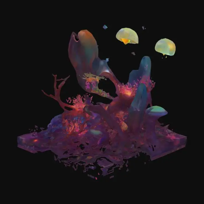 3D model for #ocean#, A surreal 3D coral reef glowing under a bioluminescent eclipse, with crystalline coral structures shaped like fractals and ancient runes, inhabited by ultra-rare, otherworldly sea creatures—jellyfish with translucent wings and geometric patterns, armored octopuses with shifting chameleon metal skins, and ethereal manta rays with trailing iridescent filaments. The water is unusually clear, illuminated by shimmering light beams piercing through an underwater vortex above, revealing a hidden ecosystem that looks half-natural, half-alien. The scene blends science fiction and hyperreal underwater biology, emphasizing color contrast, fine detail, and depth-of-field.