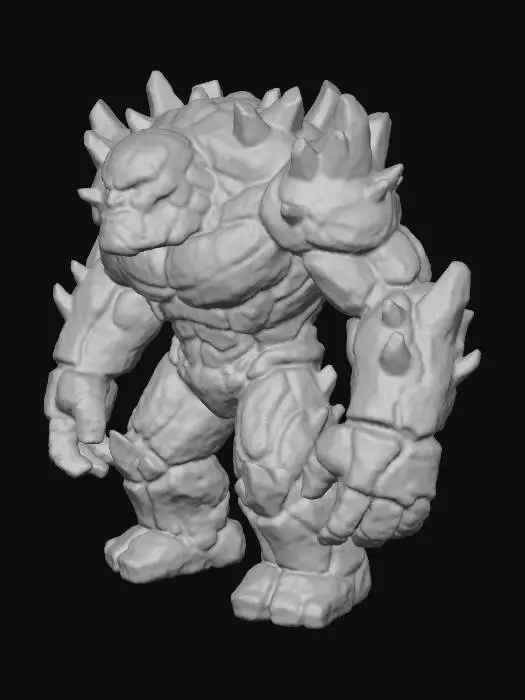 3D model for A colossal stone monster with a rugged, gnarled surface of dark grey granite and jagged basalt protrusions. Its hulking, humanoid form features powerful, blocky limbs and glowing amber eyes, conveying a fierce, ancient expression. The texture is rough and abrasive, with mossy green patches in deep crevices, feeling cold and immensely weighty.