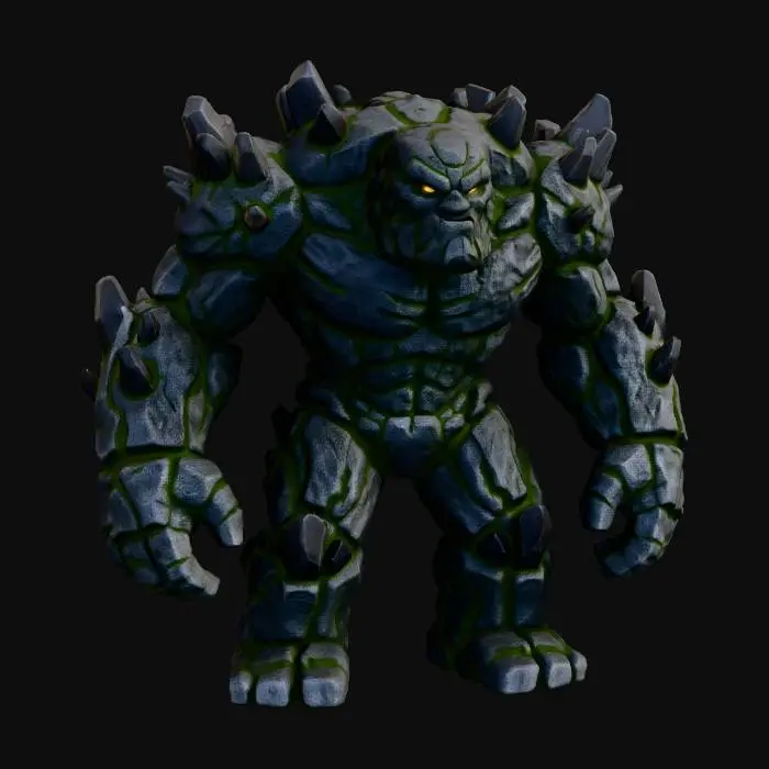 3D model for A colossal stone monster with a rugged, gnarled surface of dark grey granite and jagged basalt protrusions. Its hulking, humanoid form features powerful, blocky limbs and glowing amber eyes, conveying a fierce, ancient expression. The texture is rough and abrasive, with mossy green patches in deep crevices, feeling cold and immensely weighty.