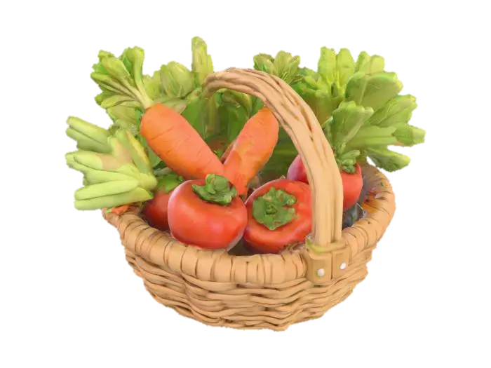 #food#, Realistic basket of freshly picked vegetables. Realistic textures. 3D model, vytvořený pomocí AI