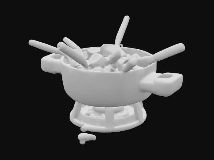 3D model for #food#, Highly realistic fondue with bread and fruit pieces. Highly realistic textures. 
