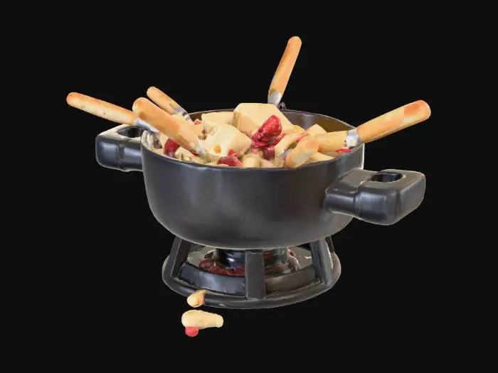 3D model for #food#, Highly realistic fondue with bread and fruit pieces. Highly realistic textures. 