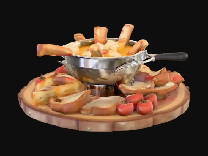 3D model for #food#, Highly realistic fondue with bread and fruit pieces. Highly realistic textures. 