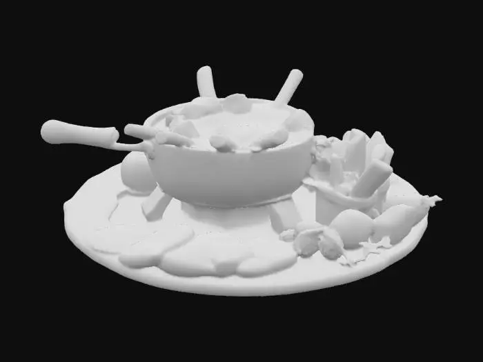 3D model for #food#, Highly realistic fondue with bread and fruit pieces. Highly realistic textures. 