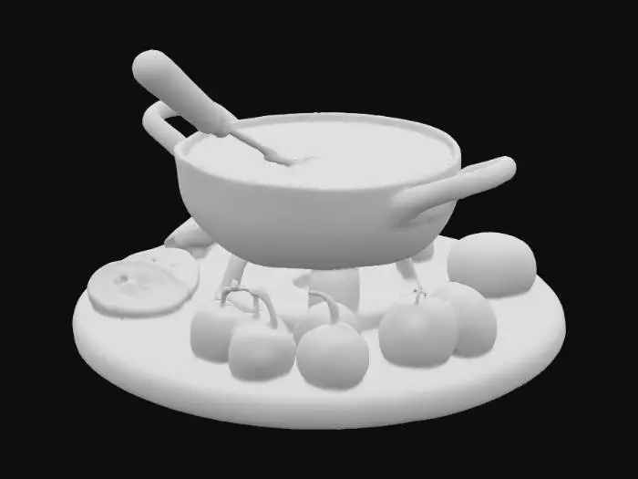 3D model for #food#, Highly realistic fondue with bread and fruit pieces. Highly realistic textures. 