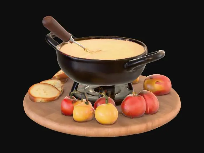 3D model for #food#, Highly realistic fondue with bread and fruit pieces. Highly realistic textures. 