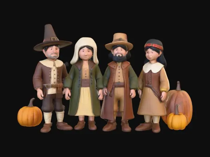 3D model for #Thanksgiving#, Highly realistic ultra detailed Pilgrims and Native Americans first Thanksgiving. Extreme detail. Ultra high quality textures. Solid infill.