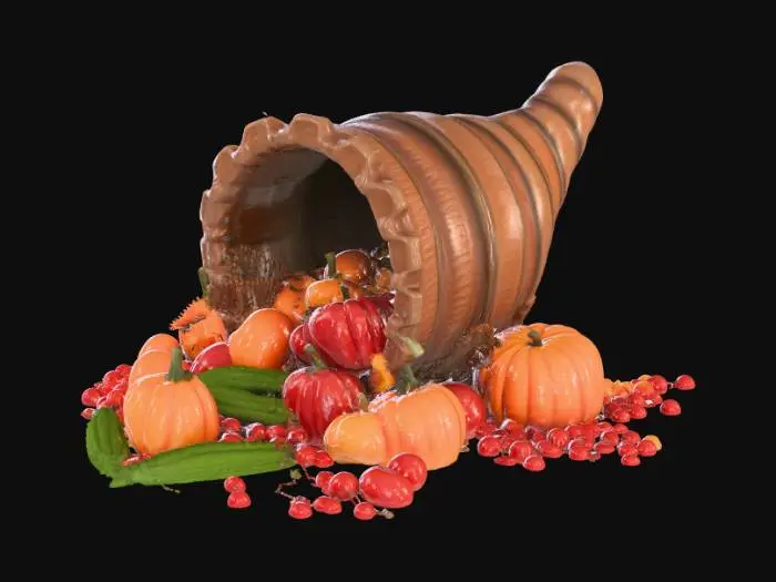 3D model for #Thanksgiving#,  An abundant cornucopia. Ultra realistic. High quality natural looking textures. Solid infill. Highly detailed.