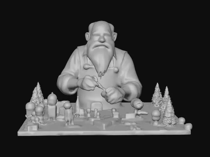 3D model for #Christmas2025#, An old toymaker working on Christmas toys. Ultra highly detailed on all parts. Ultra high quality detailed textures. Solid infill.