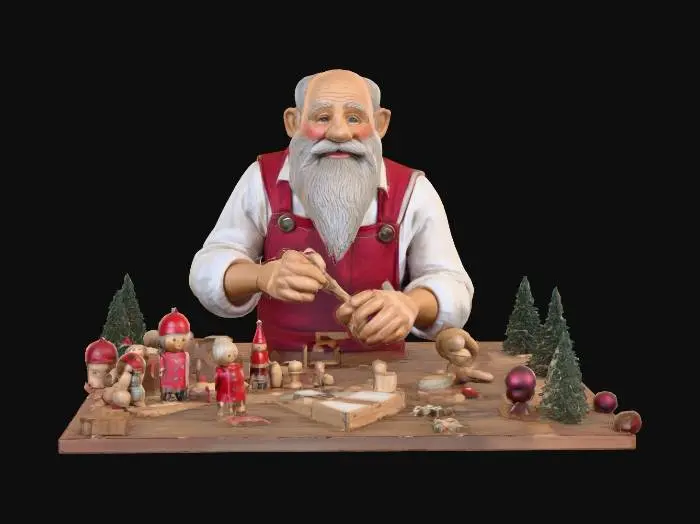3D model for #Christmas2025#, An old toymaker working on Christmas toys. Ultra highly detailed on all parts. Ultra high quality detailed textures. Solid infill.