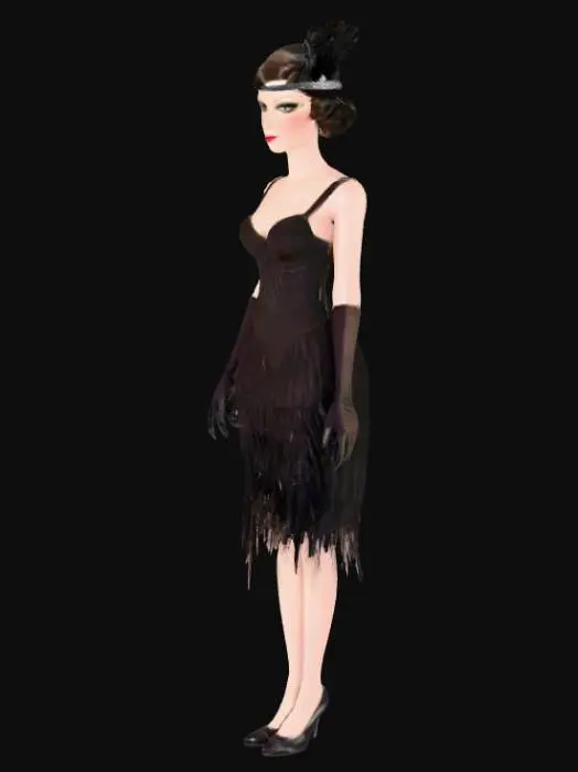 3D model for 1920's female finger wave hair headband with feather flapper dress kitten heels elbow length gloves 