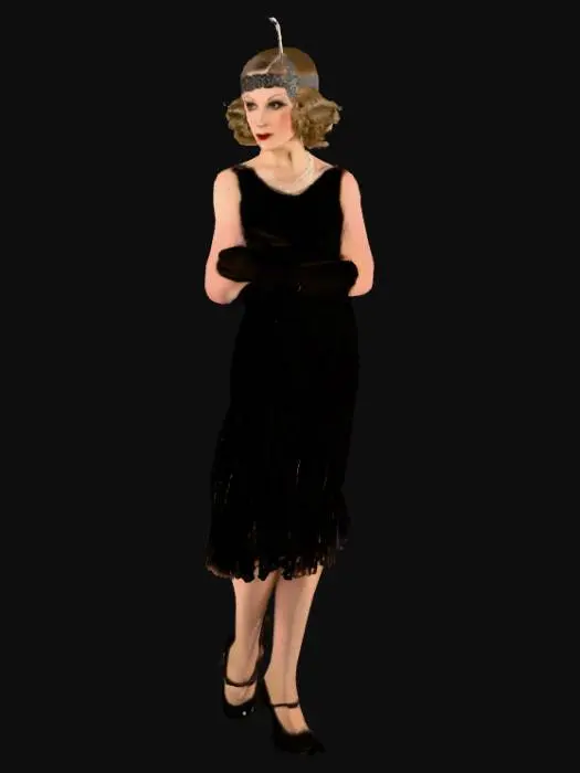 3D model for 1920's female finger wave hair headband with feather flapper dress kitten heels elbow length gloves 
