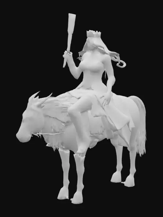 3D model for Sexy warrior princess with waist length wavy hair, small crown or tiara, riding on the back of a mythical creature