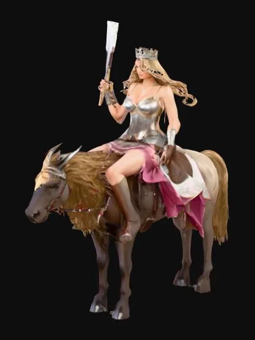 3D model for Sexy warrior princess with waist length wavy hair, small crown or tiara, riding on the back of a mythical creature