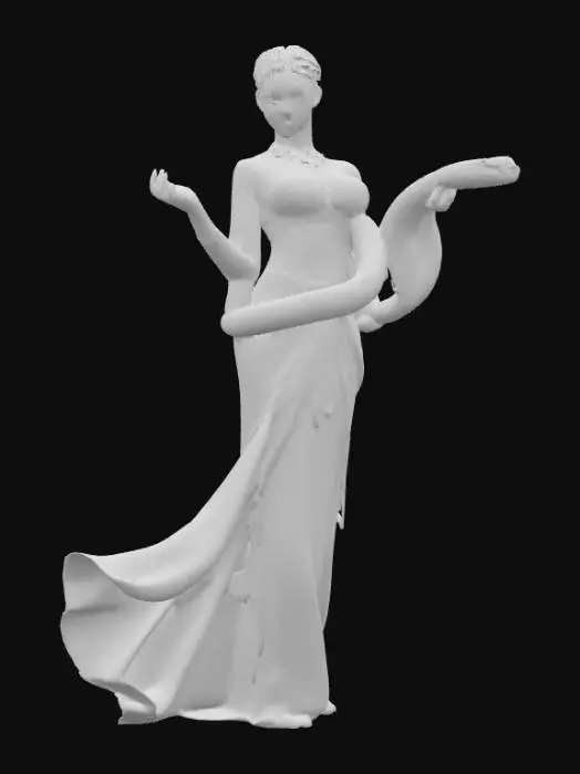 3D model for Hyper realistic snake charmer woman. Highly detailed face. Wearing belly dancer type clothing with a gold trim that sparkles. Holding a snake. Snake has semi iridescent scales. Ultra realistic snake.  Ultra high quality textures. Slight light backlighting dancer