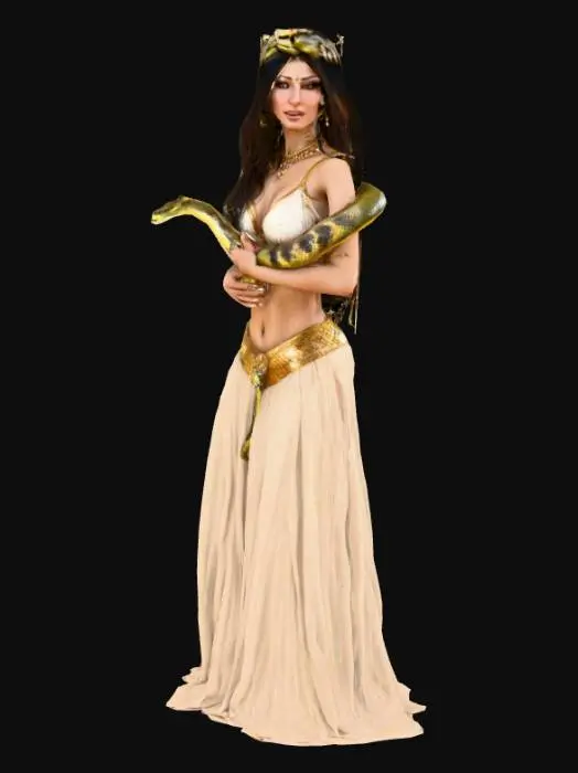 3D model for Hyper realistic snake charmer woman. Highly detailed face. Wearing belly dancer type clothing with a gold trim that sparkles. Holding a snake. Snake has semi iridescent scales. Ultra realistic snake.  Ultra high quality textures. Slight light backlighting dancer