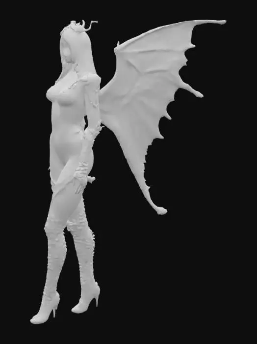 3D model for Hyper realistic half angel half demon woman. One angel wing and one demon wing.Highly detailed face and wings. Body wearing a latex catsuit symmertically split into the angel side in ice blue and the demon side in red.  with realistic cloth textures. Demon side lit by fire glow. Cloth on angel side has silver crystals glowing. Ultra high resolution textures. 
