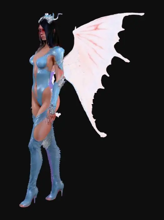 3D model for Hyper realistic half angel half demon woman. One angel wing and one demon wing.Highly detailed face and wings. Body wearing a latex catsuit symmertically split into the angel side in ice blue and the demon side in red.  with realistic cloth textures. Demon side lit by fire glow. Cloth on angel side has silver crystals glowing. Ultra high resolution textures. 