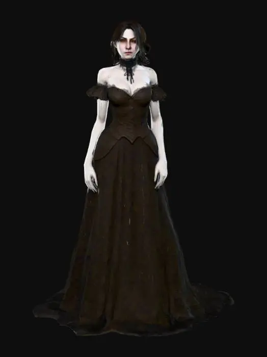 3D model for Create a hyper realistic human female character inspired by the Bloodborne game. Highly detailed face. Highly detailed period appropriate clothing in a gothic style. Ultra realistic textures. Ultra high quality. Moon glow lighting. 