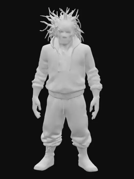 3D model for She is a fantasy Halloween character. Humanoid. Somewhat monstrous in nature. Highly detailed face. She is wearing a form fitting clothes in deep purple and green hues.  Crazy hair. Ultra realistic textures for skin, face, clothing hair. She is back lit by a soft orange light