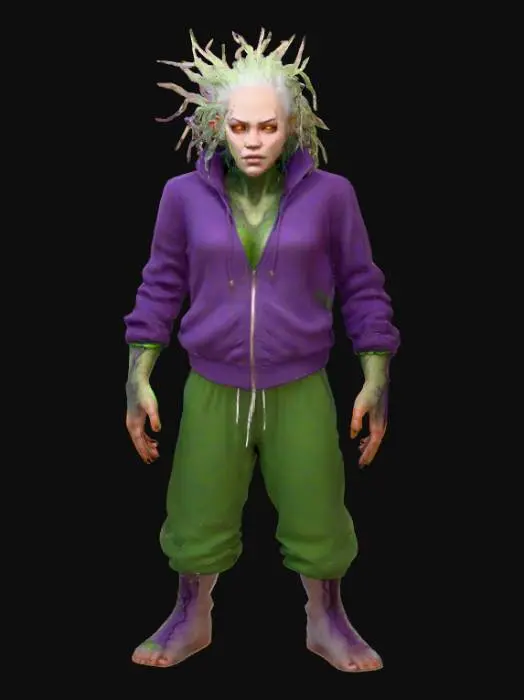3D model for She is a fantasy Halloween character. Humanoid. Somewhat monstrous in nature. Highly detailed face. She is wearing a form fitting clothes in deep purple and green hues.  Crazy hair. Ultra realistic textures for skin, face, clothing hair. She is back lit by a soft orange light