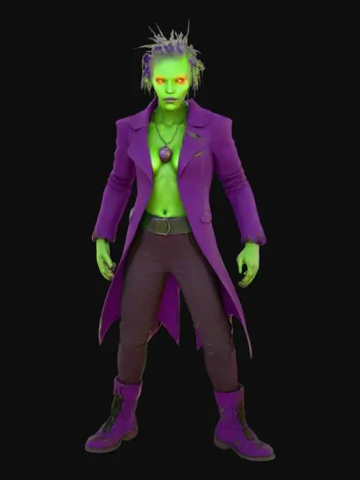 3D model for She is a fantasy Halloween character. Humanoid. Somewhat monstrous in nature. Highly detailed face. She is wearing a form fitting clothes in deep purple and green hues.  Crazy hair. Ultra realistic textures for skin, face, clothing hair. She is back lit by a soft orange light