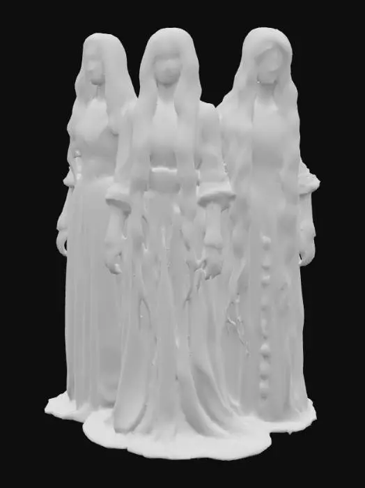 3D model for Highly realistic weavers of fate inspired by Greek mythology. Highly detailed face, hands, feet. Each should have long flowing hair. Each should be dressed in a different color of a deep rich hue.  Ultra high realistic textures on clothing. 