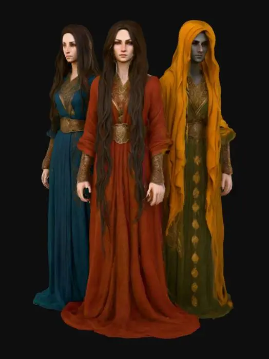 3D model for Highly realistic weavers of fate inspired by Greek mythology. Highly detailed face, hands, feet. Each should have long flowing hair. Each should be dressed in a different color of a deep rich hue.  Ultra high realistic textures on clothing. 