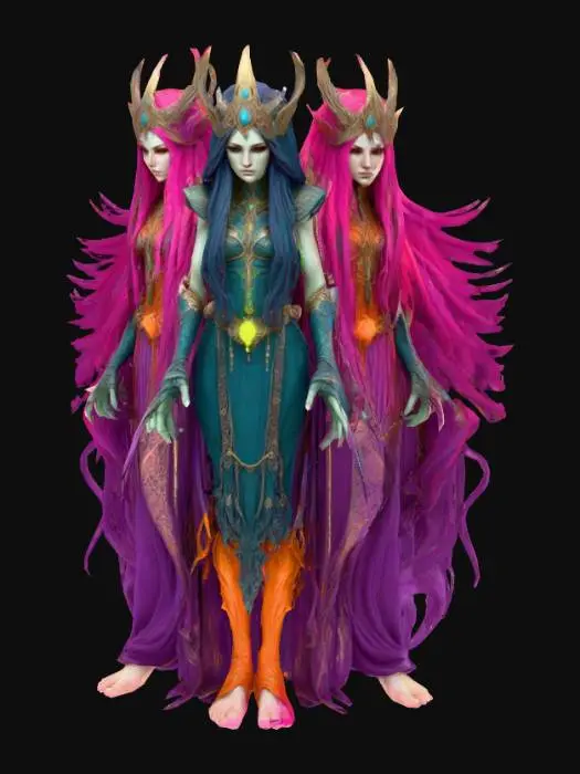 3D model for Highly realistic weavers of fate inspired by Greek mythology but make them futuristic. Highly detailed face, hands, feet. Each should have long flowing hair. Each should be dressed in a different color of a deep rich hue with some neon elements. Ultra high realistic textures on clothing. 