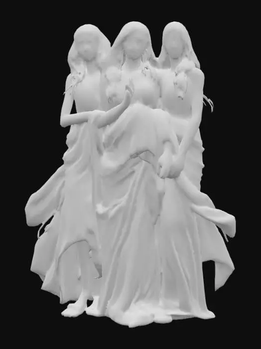 3D model for Highly realistic weavers of fate inspired by Greek mythology. Highly detailed face, hands, feet. Each should have long flowing hair. Each should be dressed in a different color of a deep rich hue.  Ultra high realistic textures on clothing. 