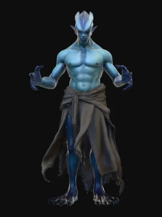 3D model for A realistic mixture of a sea creature and human.  Not a mermaid. Should have high details. Ultra high quality realistic textures. Should have some bioluminescent glow of any color. Wearing some kind of tattered cloth or clothing