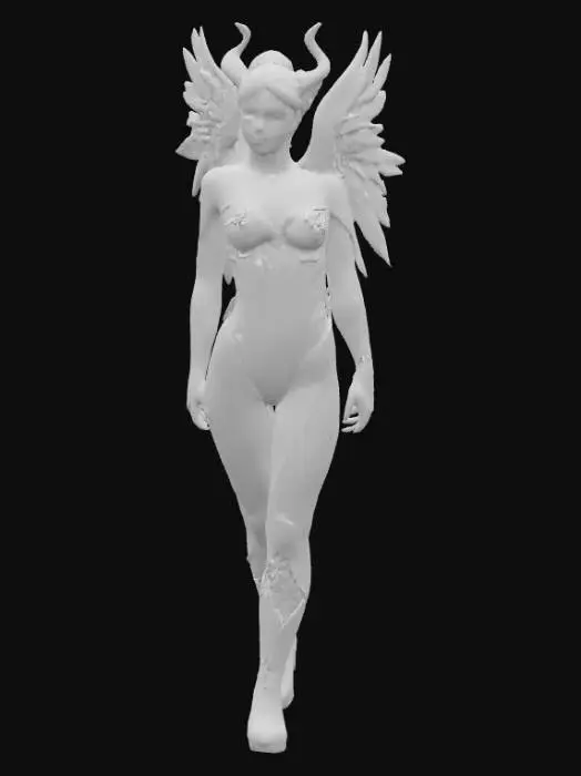 3D model for Hyper realistic half angel half demon woman. One angel wing and one demon wing.Highly detailed face and wings. Body wearing a latex catsuit symmertically split into the angel side in ice blue and the demon side in red.  with realistic cloth textures. Demon side lit by fire glow. Cloth on angel side has silver crystals glowing. Ultra high resolution textures. 