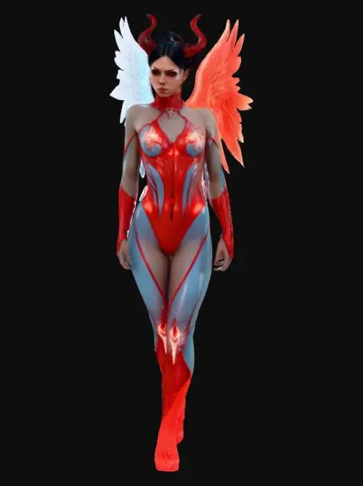 3D model for Hyper realistic half angel half demon woman. One angel wing and one demon wing.Highly detailed face and wings. Body wearing a latex catsuit symmertically split into the angel side in ice blue and the demon side in red.  with realistic cloth textures. Demon side lit by fire glow. Cloth on angel side has silver crystals glowing. Ultra high resolution textures. 