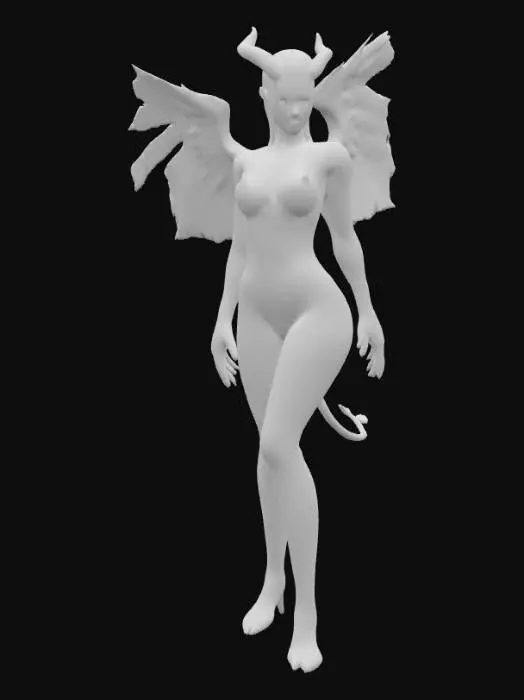 3D model for Hyper realistic half angel half demon woman. One angel wing and one demon wing.Highly detailed face and wings. Body wearing a latex catsuit symmertically split into the angel side in ice blue and the demon side in red.  with realistic cloth textures. Demon side lit by fire glow. Cloth on angel side has silver crystals glowing. Ultra high resolution textures. 