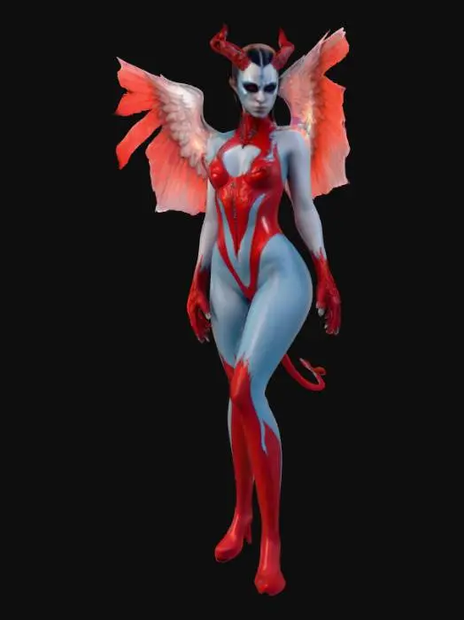 3D model for Hyper realistic half angel half demon woman. One angel wing and one demon wing.Highly detailed face and wings. Body wearing a latex catsuit symmertically split into the angel side in ice blue and the demon side in red.  with realistic cloth textures. Demon side lit by fire glow. Cloth on angel side has silver crystals glowing. Ultra high resolution textures. 