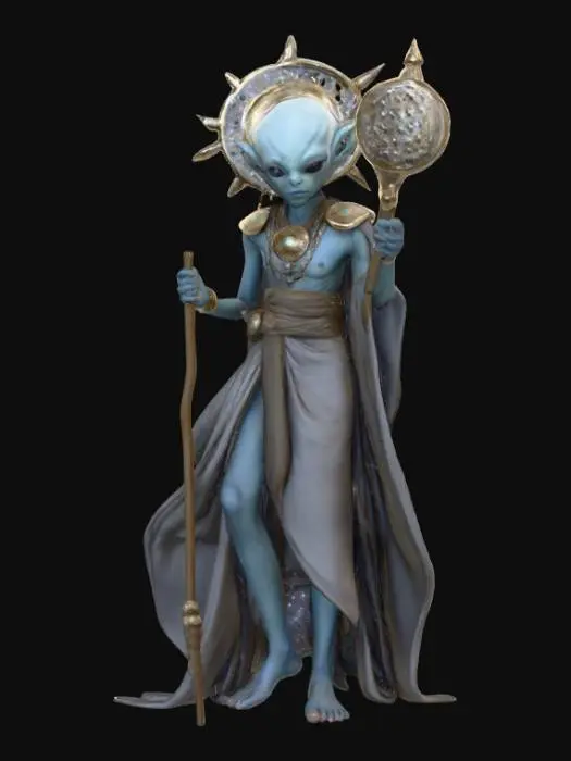 3D model for A beautiful celestial being that is a hybrid of a human and an alien. Highly detailed face, hands and feet. They should have large eyes that shine. Skin should be an unnatural color with a shimmery effect. There should be two arms, two legs, two hands and two feet. They should hold a staff or wear a headpiece that represents something in the solar system. Carries themselves elegantly. Clothing with ultra high realistic textures.
