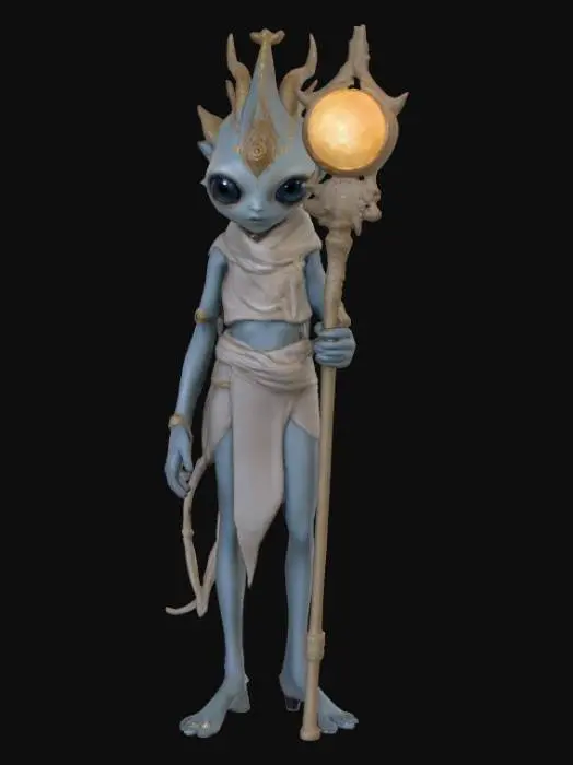 3D model for A beautiful celestial being that is a hybrid of a human and an alien. Highly detailed face, hands and feet. They should have large eyes that shine. Skin should be an unnatural color with a shimmery effect. There should be two arms, two legs, two hands and two feet. They should hold a staff or wear a headpiece that represents something in the solar system. Carries themselves elegantly. Clothing should cover intimate body parts. Clothing should be a different color than the skin. Clothing with ultra high realistic textures.