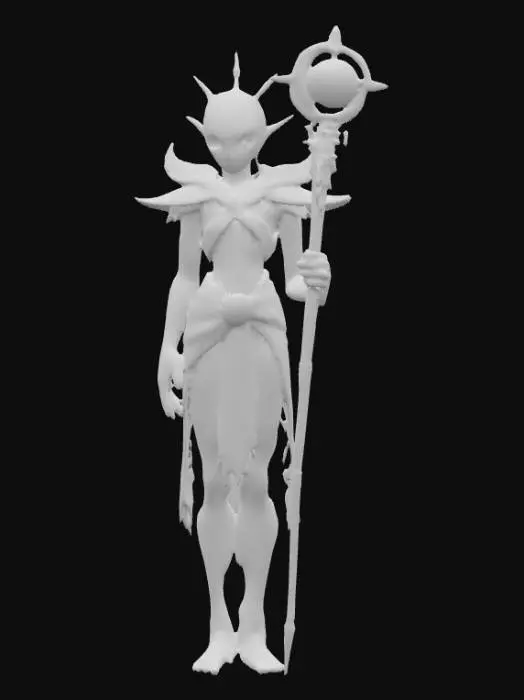 3D model for A beautiful celestial being that is a hybrid of a human and an alien. Highly detailed face, hands and feet. They should have large eyes that shine. Skin should be an unnatural color with a shimmery effect. There should be two arms, two legs, two hands and two feet. They should hold a staff or wear a headpiece that represents something in the solar system. Carries themselves elegantly. Clothing should cover intimate body parts. Clothing should be a different color than the skin. Clothing with ultra high realistic textures.