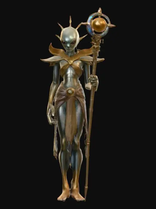 3D model for A beautiful celestial being that is a hybrid of a human and an alien. Highly detailed face, hands and feet. They should have large eyes that shine. Skin should be an unnatural color with a shimmery effect. There should be two arms, two legs, two hands and two feet. They should hold a staff or wear a headpiece that represents something in the solar system. Carries themselves elegantly. Clothing should cover intimate body parts. Clothing should be a different color than the skin. Clothing with ultra high realistic textures.